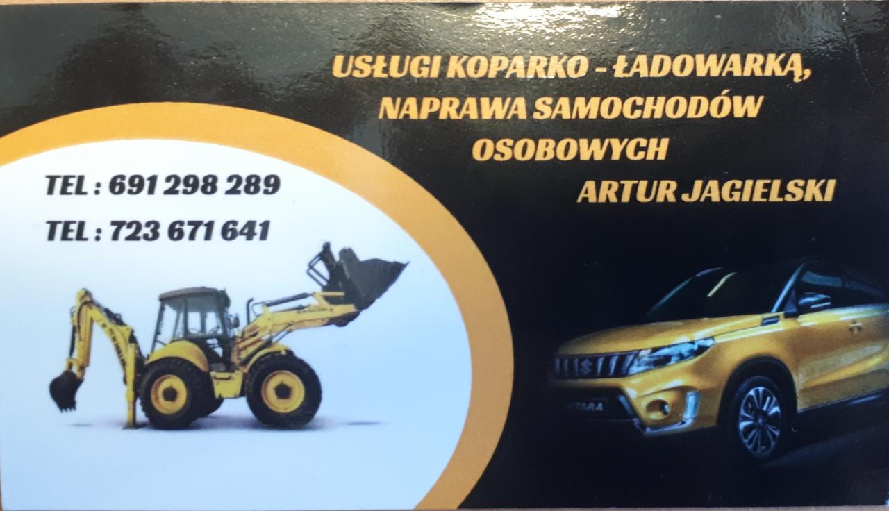 Wizytówka firmy oferującej usługi koparko-ładowarką oraz naprawę samochodów osobowych, z numerami telefonów i nazwiskiem Artur Jagielski, przedstawiająca żółtą koparko-ładowarkę i żółty samochód...