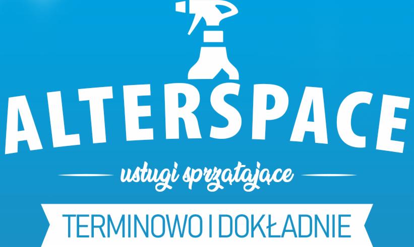 Niebieskie tło z białym logo firmy sprzątającej ALTERSPACE, z grafiką rozpylacza i hasłem 'TERMINOWO I DOKŁADNIE'.