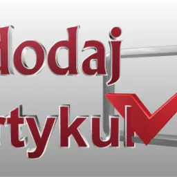 Grafika 3D z napisem 'dodaj artykuł' i symbolem zaznaczenia w kwadracie, sugerująca możliwość publikacji treści.