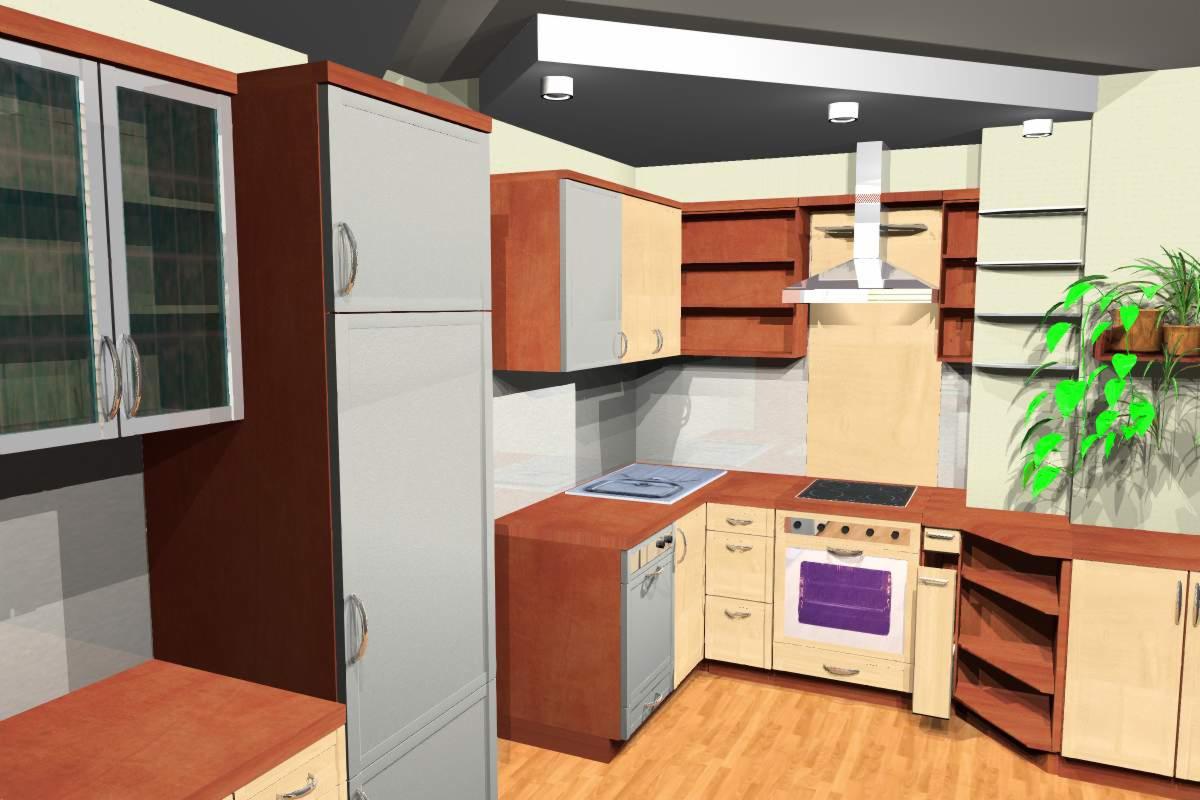 Wizualizacja 3D kuchni z zabudową w odcieniach brązu i beżu, z widocznym piekarnikiem z fioletowym akcentem, okapem i rośliną doniczkową na blacie.