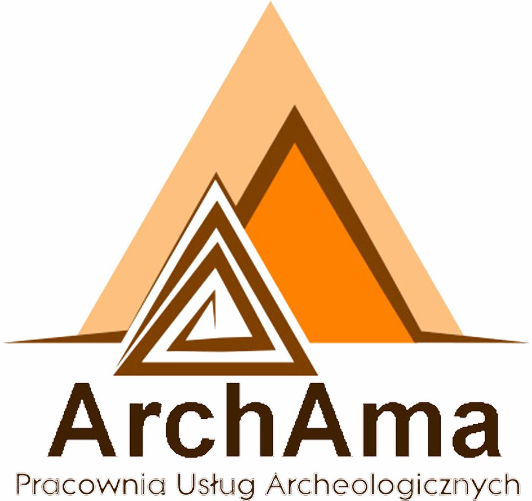 Logo firmy ArchAma Pracownia Usług Archeologicznych z motywem geometrycznych trójkątów w odcieniach brązu i pomarańczu.
