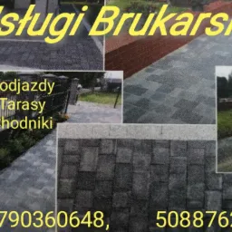 Kompozycja zdjęć prezentująca usługi brukarskie: podjazdy, tarasy i chodniki, wykonane z kostki brukowej i granitowej, z numerami telefonów kontaktowych.