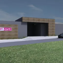 Wizualizacja budynku z logo firmy POPP art na elewacji, zaparkowany samochód na podjeździe, trawnik przed budynkiem.