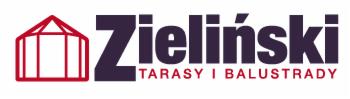 Logo firmy 'Zieliński Tarasy i Balustrady' z graficznym symbolem szklarni w kolorze czerwonym po lewej stronie.