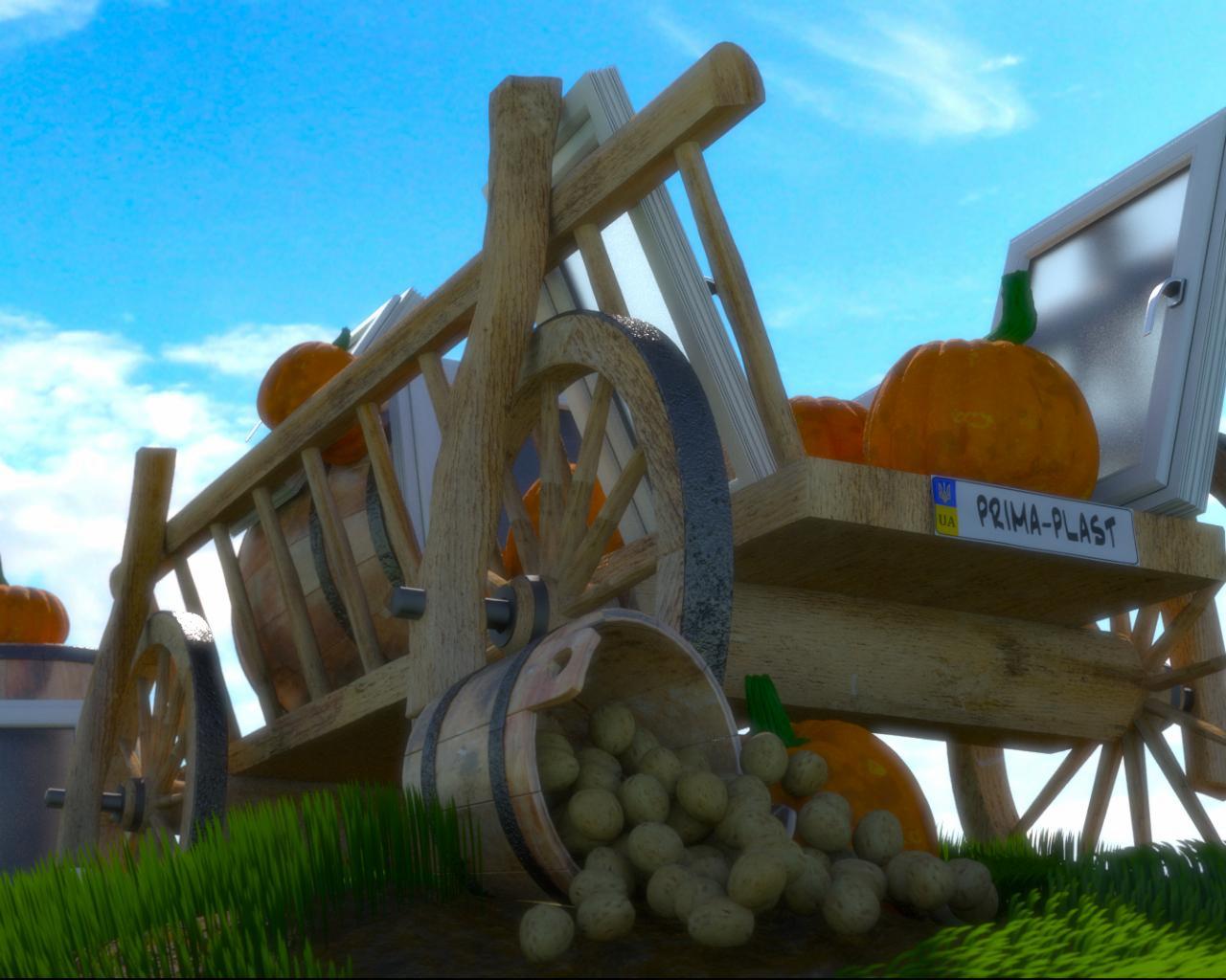 Wózek z drewna wypełniony dyniami i białymi kulkami, z tabliczką 'Prima-Plast UA', na tle błękitnego nieba.