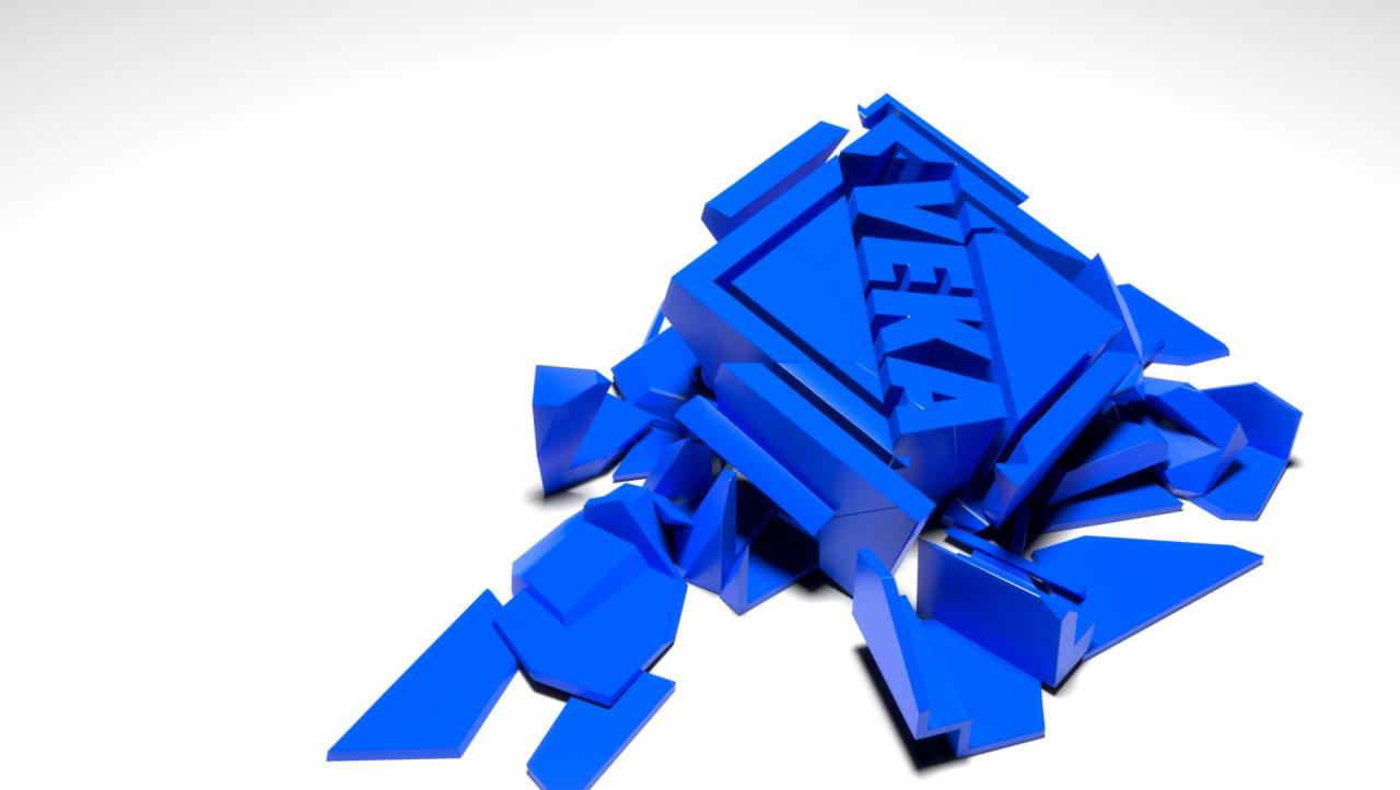 Niebieski, trójwymiarowy model rozpadającego się logo VEKA na białym tle, ukazujący proces dekonstrukcji.