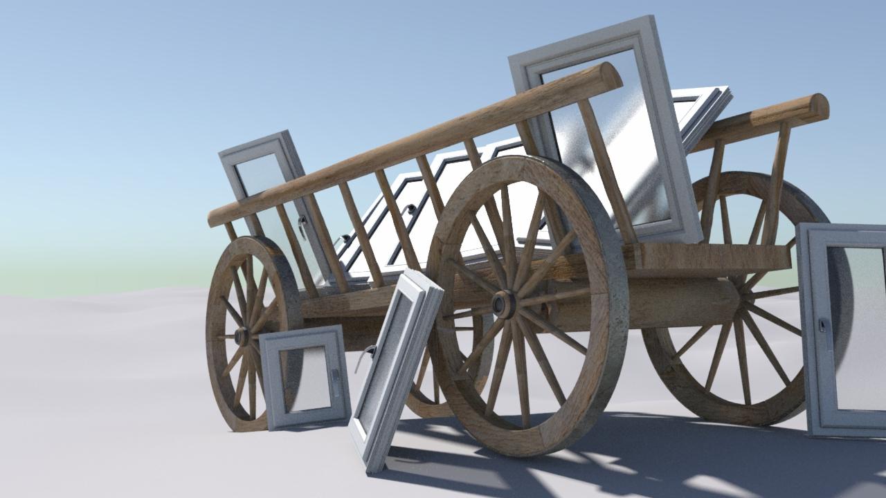 Wózek transportowy z drewnianymi kołami przewożący okna z białymi ramami na tle jasnego nieba.