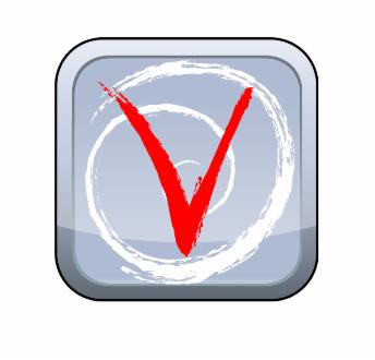 Ikona z czerwonym znakiem akceptacji (V) na szarym, błyszczącym tle z białym, spiralnym wzorem.