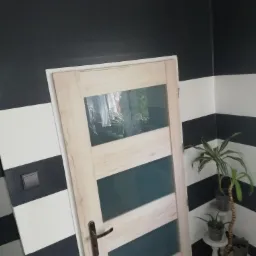 Drzwi wewnętrzne z szybami na tle ściany w czarno-białe pasy, obok dekoracyjne rośliny doniczkowe na małych stoliczkach.