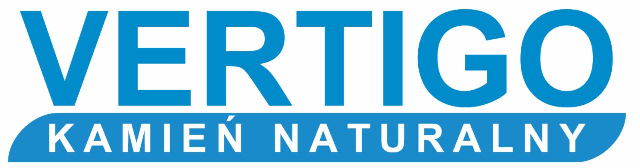 Logo firmy Vertigo Kamień Naturalny, przedstawione w kolorze niebieskim na białym tle.