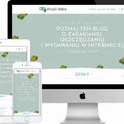 Responsywny układ strony internetowej 'Piniądz Online' wyświetlony na monitorze iMac, tablecie iPad i smartfonie iPhone.