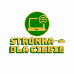Grafika logo z napisem 'Stronka Dla Ciebie', stylizowanym na trójwymiarowy napis w kolorach złotym i zielonym, z ikoną laptopa z globusem w tle i myszką komputerową zamiast litery A.