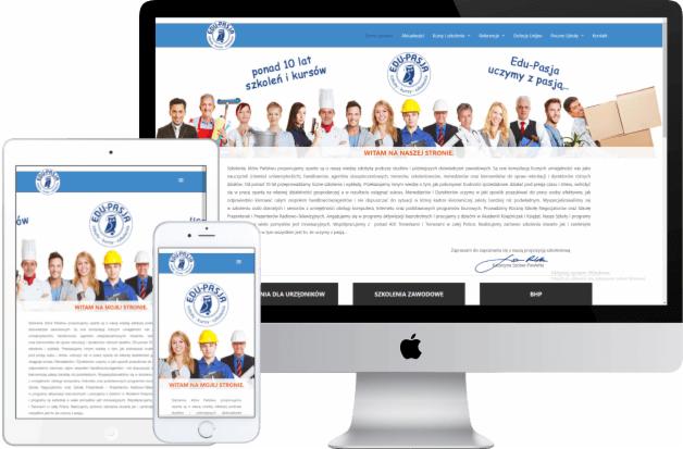 Responsywna prezentacja strony internetowej na monitorze, tablecie i smartfonie, z widocznym logo i hasłem 'Edu-Pasja uczymy z pasją'
