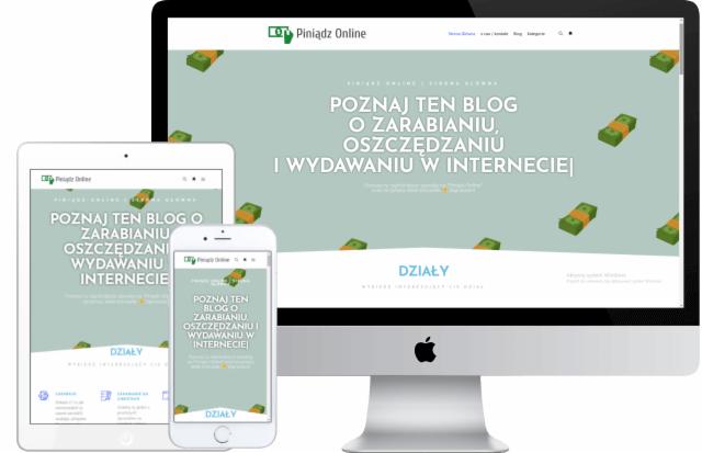 Responsywny układ strony internetowej 'Piniądz Online' wyświetlony na monitorze iMac, tablecie iPad i smartfonie iPhone.