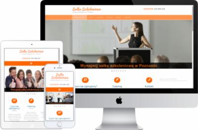 Responsywna strona internetowa 'Salka Szkoleniowa' wyświetlana na monitorze, tablecie i smartfonie, prezentująca ofertę wynajmu sal szkoleniowych w Poznaniu.