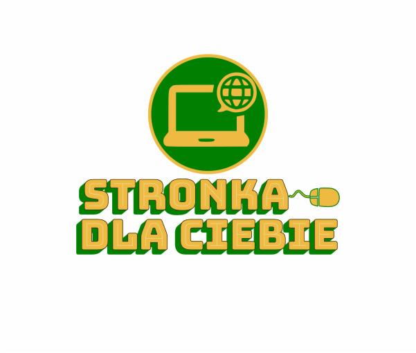 Grafika logo z napisem 'Stronka Dla Ciebie', stylizowanym na trójwymiarowy napis w kolorach złotym i zielonym, z ikoną laptopa z globusem w tle i myszką komputerową zamiast litery A.