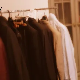 Rząd ubrań wiszących na metalowym wieszaku, obejmujący brązową marynarkę, ciemne płaszcze i białą koszulę, z rozmytym tłem szafki z przeszklonymi drzwiami, oświetlonych ciepłym światłem.