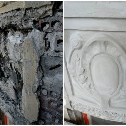 Justyna Janeczek Odnowa - Renowacja detalu architektonicznego: widok przed (surowa cegła i gruz) i po (odtworzony ornament w jasnym tynku).