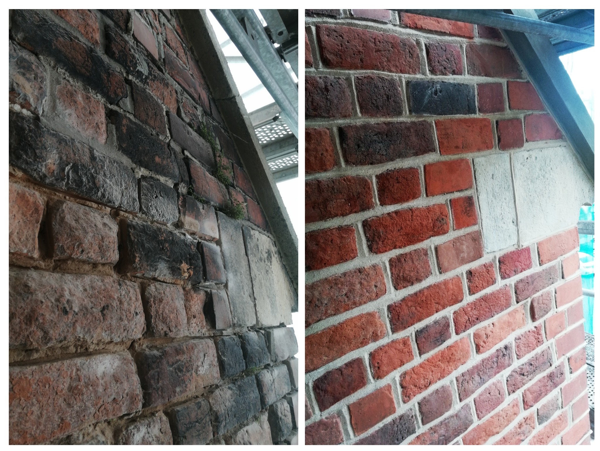 Mur z cegły przed i po czyszczeniu, widoczne różnice w kolorze i strukturze, rusztowanie w tle. Część muru oczyszczona, część pokryta zabrudzeniami.