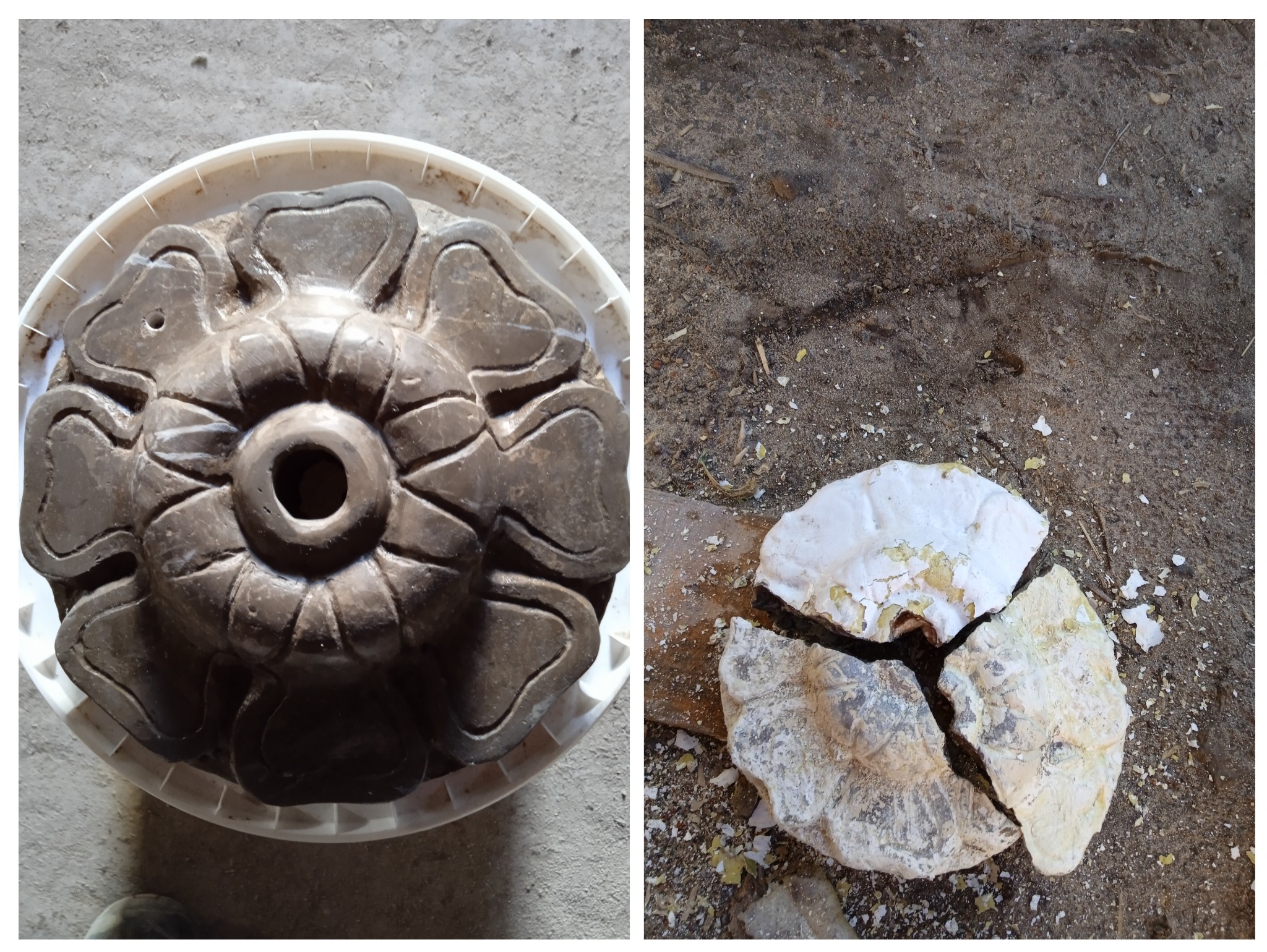 Porównanie: odnowiony element dekoracyjny w wiadrze obok zniszczonego fragmentu. Detal architektoniczny przed i po renowacji.