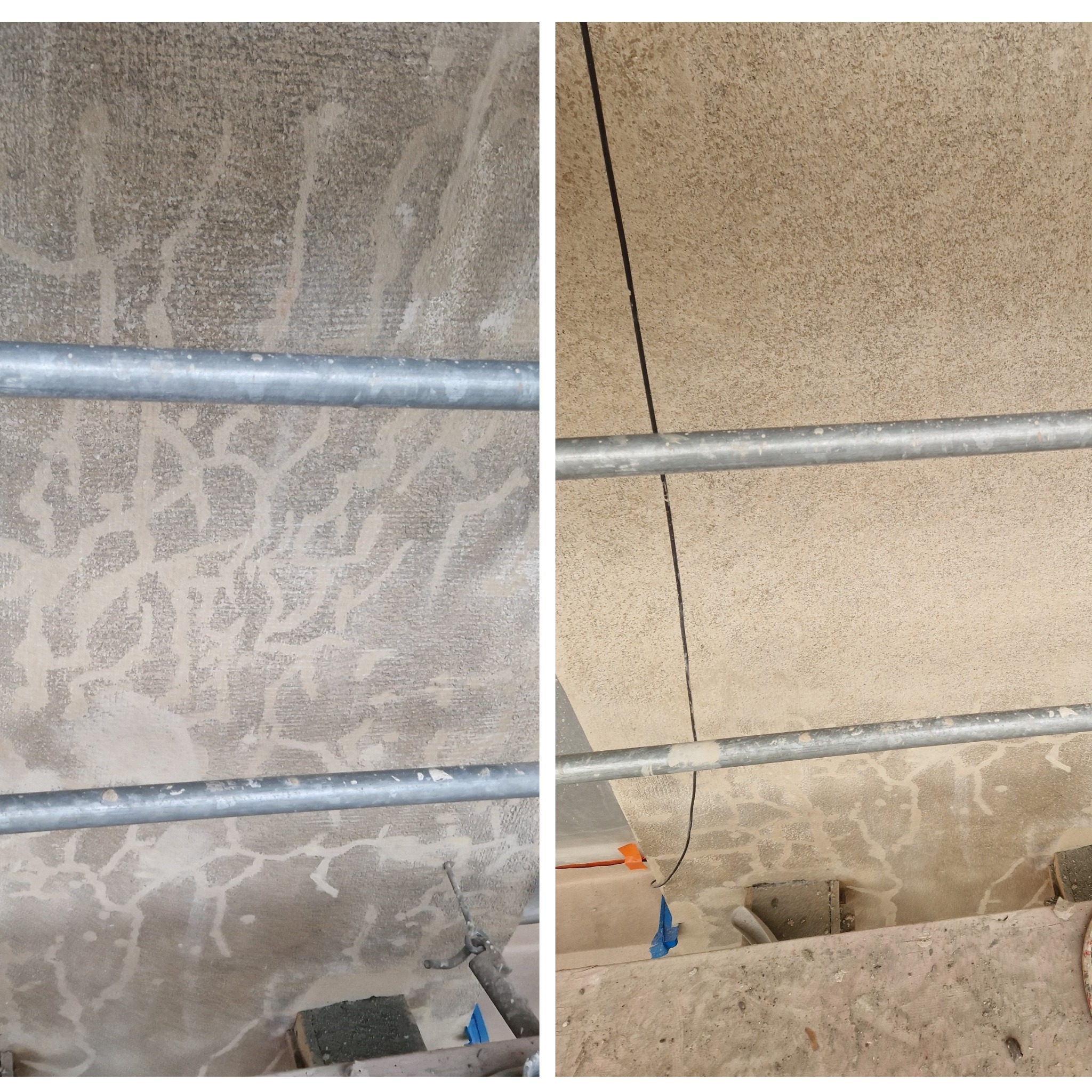 Zdjęcie 'przed i po' renowacji sufitu z widocznym rusztowaniem. Po prawej stronie sufit po oczyszczeniu i naprawie, po lewej przed renowacją, z widocznymi pęknięciami.