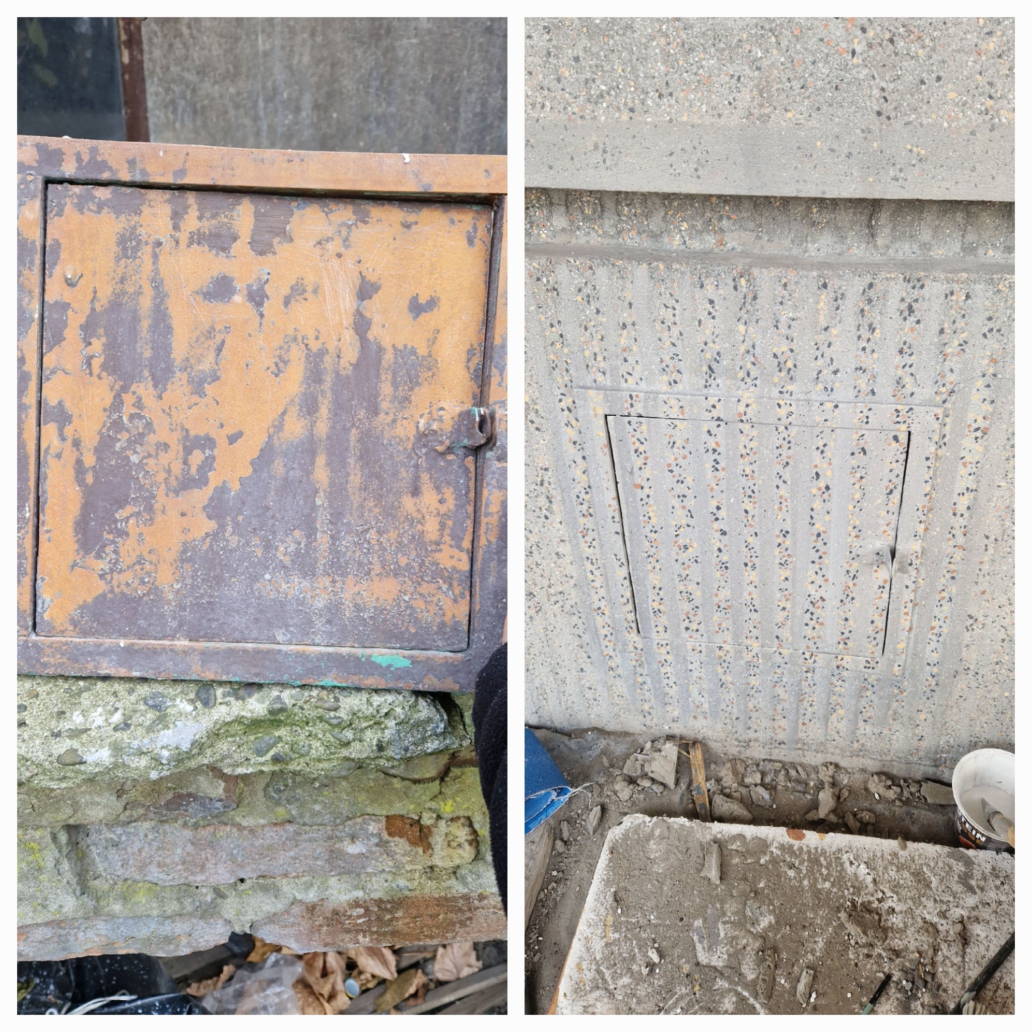 Zdjęcie 'przed i po' renowacji metalowej klapy rewizyjnej w murze. Po prawej efekt końcowy: odnowiona klapa wkomponowana w betonową ścianę.