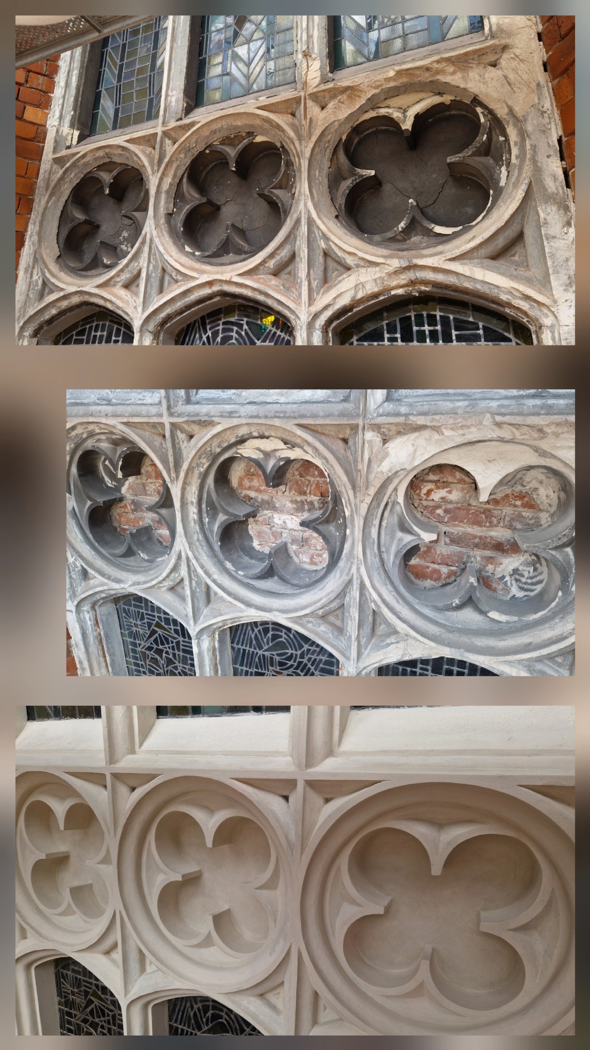 Renowacja zabytkowego okna z dekoracyjnymi rozetami. Widoczne etapy: stan pierwotny, w trakcie naprawy z odsłoniętą cegłą i finalny, odrestaurowany wygląd.