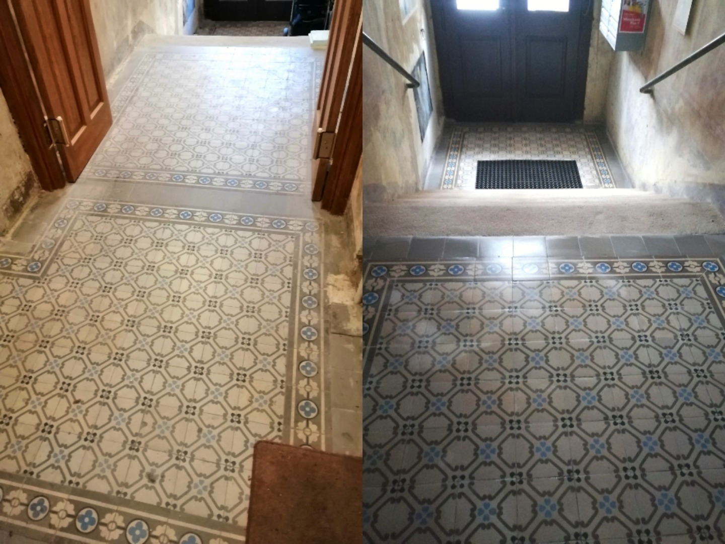 Renowacja posadzki z płytek ceramicznych w stylu retro, z widocznymi wzorami geometrycznymi i kwiatowymi. Ujęcie przed i po renowacji z wyraźną różnicą w kolorystyce.