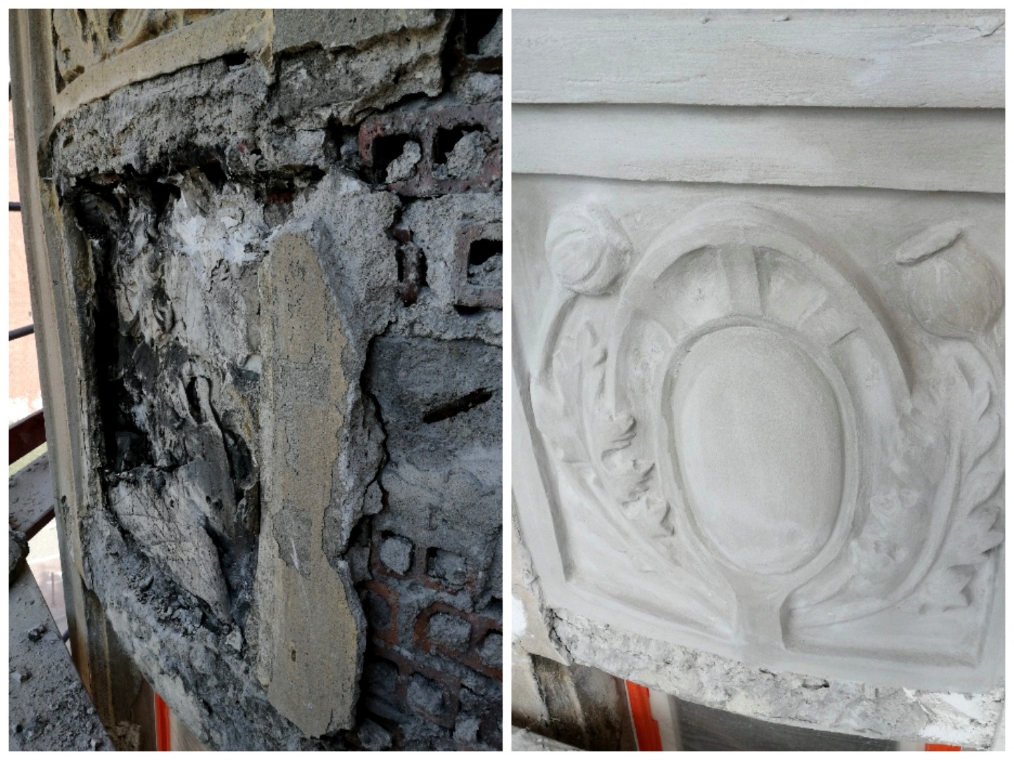 Renowacja detalu architektonicznego: widok przed (surowa cegła i gruz) i po (odtworzony ornament w jasnym tynku).