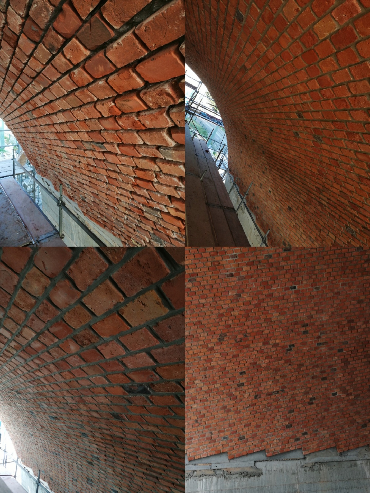 Unikalny kolaż z czterech ujęć ceglanego sklepienia łukowego z widocznym rusztowaniem i oknem, prezentujący kunszt murarski i dbałość o detale.