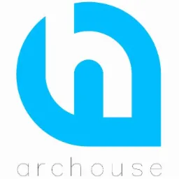 Logo firmy archouse: stylizowany, błękitny symbol domu w okręgu, z cienkim, szarym napisem 'archouse' poniżej.