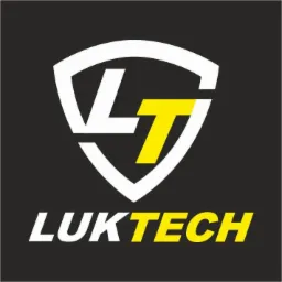 Logo firmy LUKTECH: biały symbol tarczy z żółtą literą T wewnątrz, nazwa firmy poniżej, czarne tło.