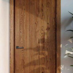 PELIA Włodzimierz Nepelak - Drewniane drzwi wewnętrzne z pionowym usłojeniem,  ciemna klamka, minimalistyczna ościeżnica, w tle roślina doniczkowa i ściana w neutralnym odcieniu.