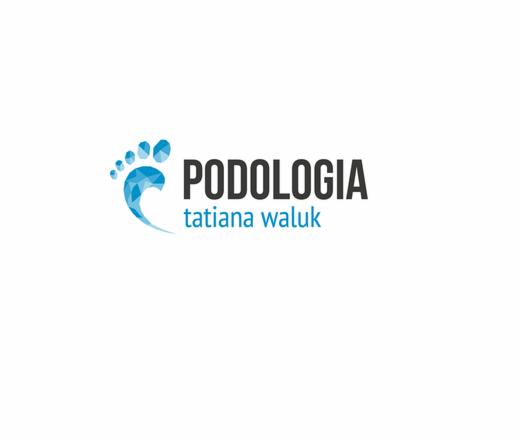 Logo firmy podologicznej: stylizowana błękitna stopa z geometrycznych elementów i czarny napis 'PODOLOGIA tatiana waluk'.