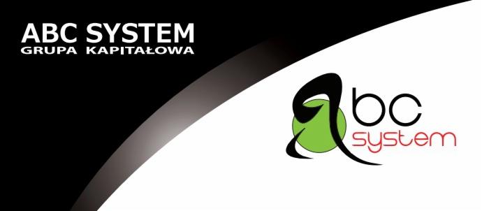 Logo firmy ABC System Grupa Kapitałowa z abstrakcyjnym symbolem i nazwą systemu w kolorze czerwonym.
