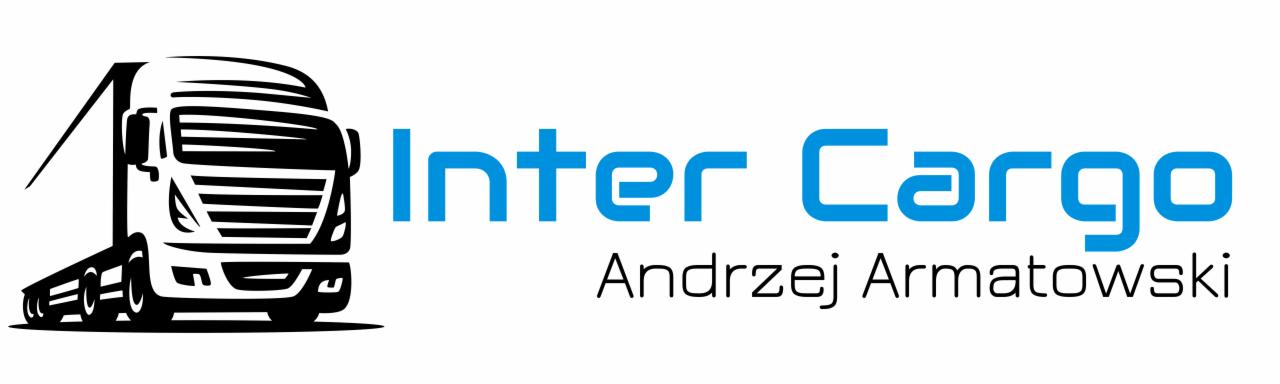 Czarno-biała grafika wektorowa przedstawiająca ciężarówkę z naczepą obok napisu 'Inter Cargo' w kolorze błękitnym i 'Andrzej Armatowski' poniżej.