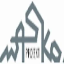 Szare logo firmy projektowej w kształcie stylizowanego szczytu budynku z napisem 'ASKA PROJECT'.