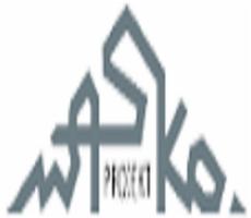 Szare logo firmy projektowej w kształcie stylizowanego szczytu budynku z napisem 'ASKA PROJECT'.