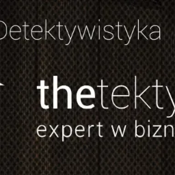 Grafika z napisem 'Detektywistyka', logotyp firmy z kapeluszem i krawatem oraz hasłem 'expert w biznesie', na ciemnym tle z subtelną teksturą.