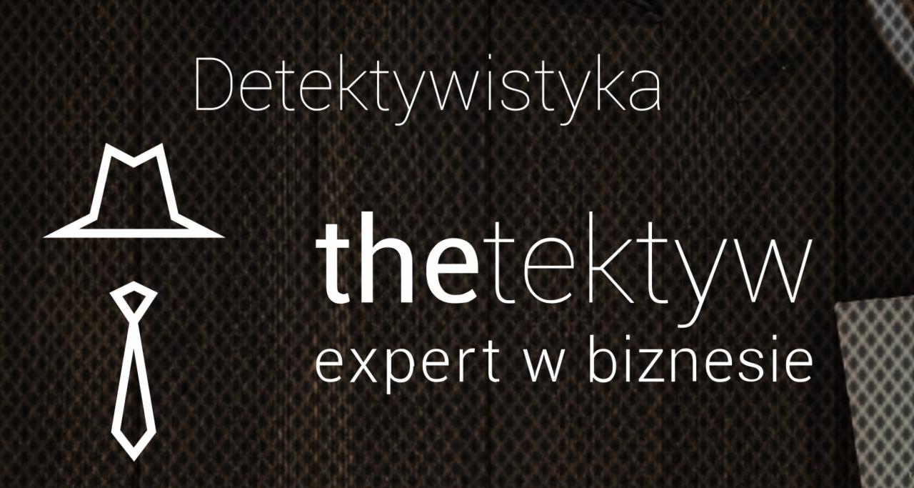 Grafika z napisem 'Detektywistyka', logotyp firmy z kapeluszem i krawatem oraz hasłem 'expert w biznesie', na ciemnym tle z subtelną teksturą.