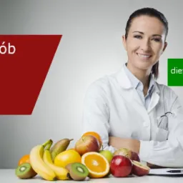 Uśmiechnięta kobieta w białym fartuchu lekarskim, obok owoce i miarka krawiecka, z lewej strony napis 'Szukam os&oacute;b kt&oacute;re chcą skutecznie schudnąć!' i logo psychorada.pl, z prawej adres dietetyk.