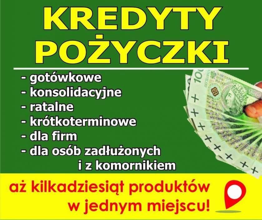 Grafika reklamowa z listą różnych typów pożyczek i banknotami 100 zł w tle, skierowana do szerokiego grona odbiorców.