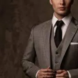 Mężczyzna w eleganckim, szarym garniturze w kratę, czarnym krawacie i białej koszuli, z białą poszetką w kieszonce, pozuje na rozmytym, ciemnym tle.