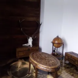 Salon z posadzką żywiczną imitującą starą mapę, drewnianą boazerią, stolikiem kawowym z rzeźbieniami i lampą-żyrandolem z poroża.