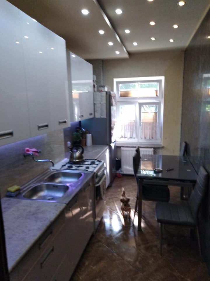 Wnętrze kuchni po remoncie: białe szafki z ciemnymi blatami, stalowy zlew, płyta gazowa, stół z krzesłami i mały pies na błyszczącej podłodze.