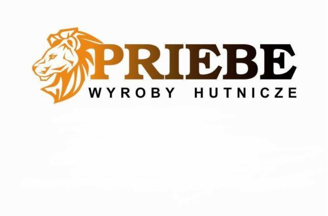 Logo firmy PRIEBE Wyroby Hutnicze z pomarańczową głową lwa po lewej stronie.