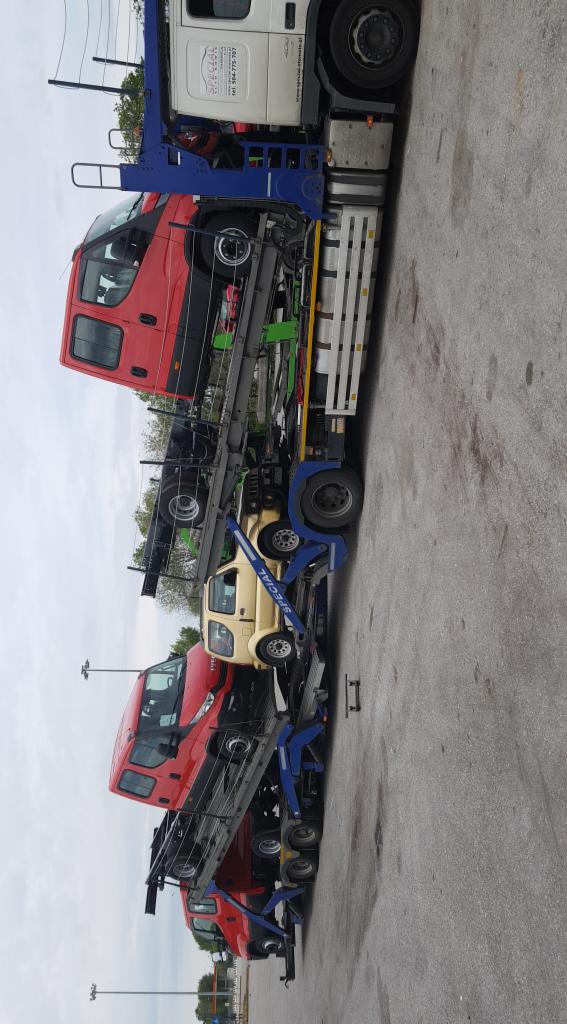 Ciężarówka z lawetą przewożąca trzy samochody osobowe i dwa busy, zaparkowana na betonowym placu.