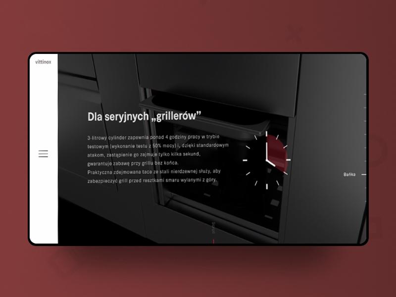 Prezentacja strony internetowej z informacjami o grillach: nagłówek 'Dla seryjnych grillerów', opis cylindra 3-litrowego zapewniającego 4 godziny pracy, zdejmowana taca ze stali nierdzewnej.