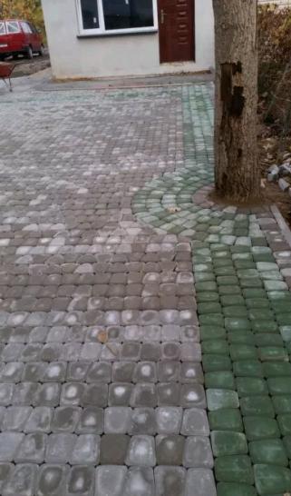Ułożona kostka brukowa w odcieniach szarości i zieleni, z zielonym pasem biegnącym wzdłuż pnia drzewa, tworząc łukowaty wzór przy pniu. Widoczny fragment budynku w tle.