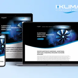 Responsywna strona internetowa firmy klimatyzacyjnej I-Klimat wyświetlana na laptopie, tablecie i smartfonie, prezentująca usługi klimatyzacji, wentylacji i rekuperacji.